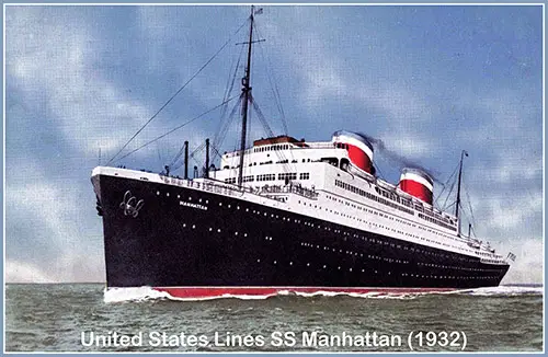 Colorized Postcard of the SS Manhattan of the United States Lines, 1932.