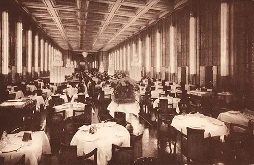 A General View of the First Class Dining Room on the SS Normandie.