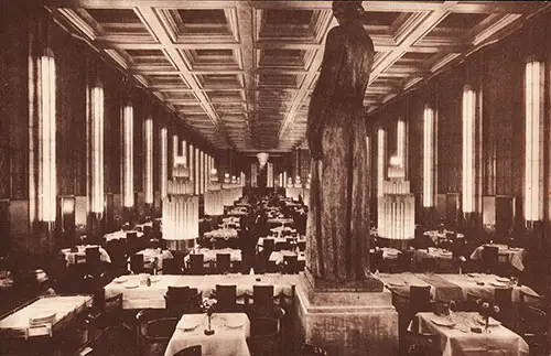 A View Overlooking the First Class Dining Room on the SS Normandy, a Statue "The Peace," Stands in the Foreground.