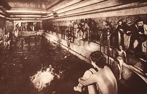 Passengers Enjoy Swimming in the First Class Pool, Surrounded by Spectators on the SS Normandie.