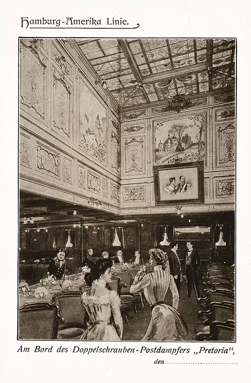 First Class Dining Saloon On Board the Twin-Screw Mail Steamer Pretoria of the Hamburg-American Line, 1897.