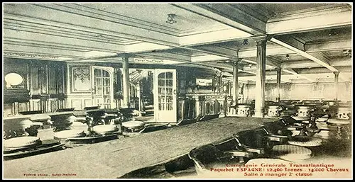 Second Class Dining Room on the CGT-French Line Steamer SS. Espagne.