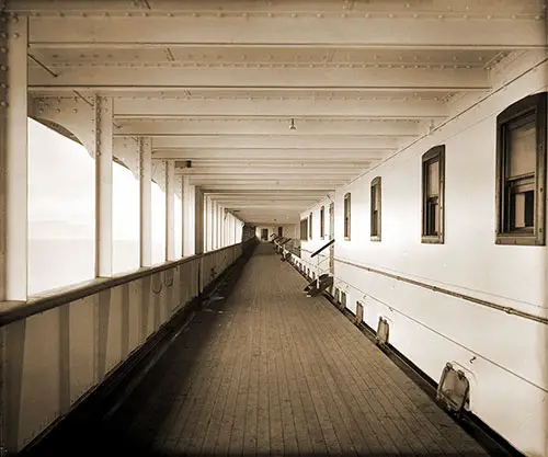 First Class Promenade on the RMS Aquitania, Port Side of B Deck, 1914.