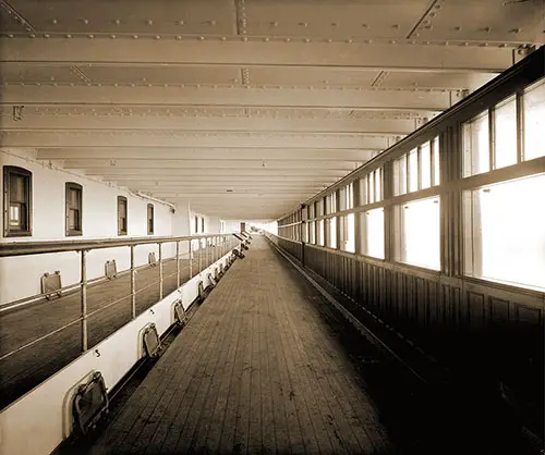 First Class Sheltered Promenade Deck of the RMS Aquitania on the Port Side of the Bridge Deck, 1914.