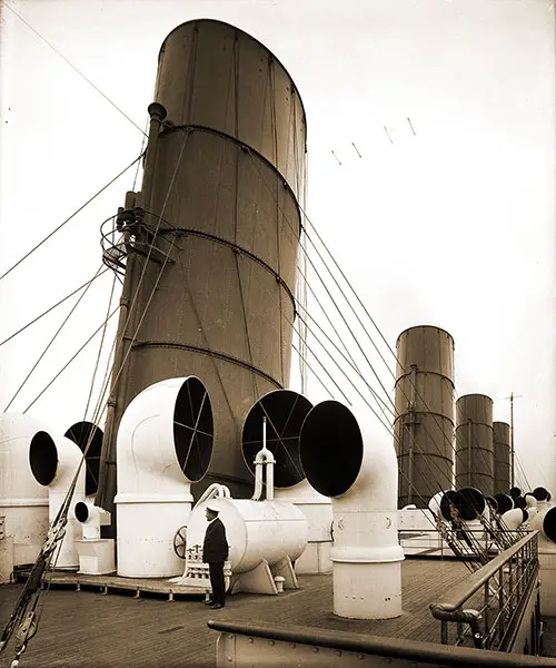 Funnels on the Port Side of the Flying Bridge on the RMS Aquitania, 1914.