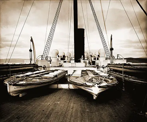 Lifeboats on the Boat Deck of the RMS Aquitania Looking Aft, 1914.