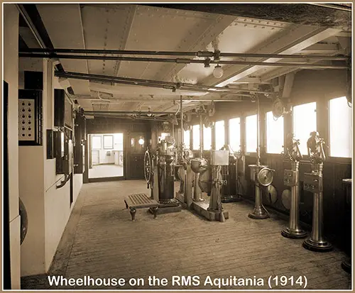 Interior View of the Wheelhouse on the RMS Aquitania (1914) of the Cunard Line.
