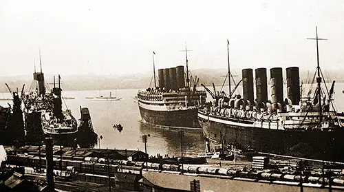 The Cunard Liners RMS Aquitania and RMS Mauretania (right), Photographed in Southampton Piers During the Early 1920s.