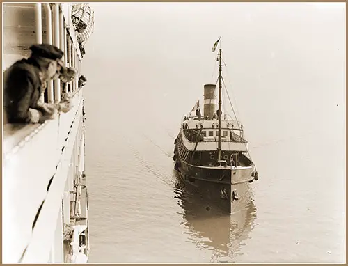 A Tender Approaches an Ocean Liner at the French Port of Boulogne-sur-Mer, 1934.