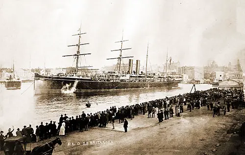 SS Britannia of the P & O Line in Sydney Harbor, 1880s. A Large Number of People Line the Pier Waiting for the Ship to Dock.