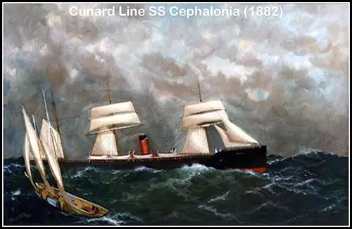 SS Cephalonia (1882) of the Cunard Line. From a Painting by William Pierce Stubbs.
