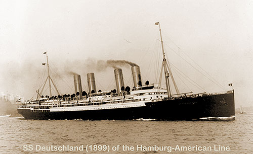 The SS Deutschland (1899) of the Hamburg-American Line (HAPAG), Shown Departing on a Voyage.