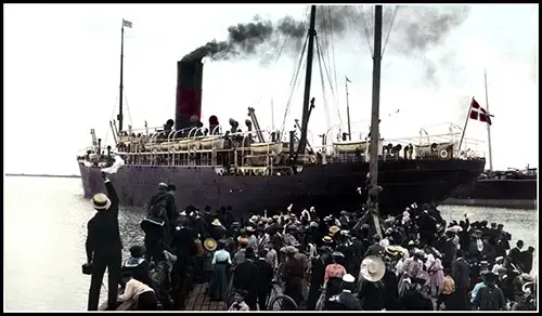Emigrant Ship SS Hellig Olav (1902) of the Scandinavian-American Line Leaves Copenhagen With a Crowd of Well-Wishers at the Pier.