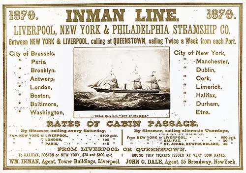 Inman Line Rates of Cabin Passage, 1870, Featuring the SS City of Brussels.