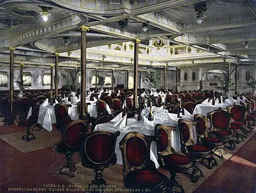 First Class Dining Saloon on the SS Kaiser Wilhelm der Grosse (1897) of the Norddeutscher Lloyd.