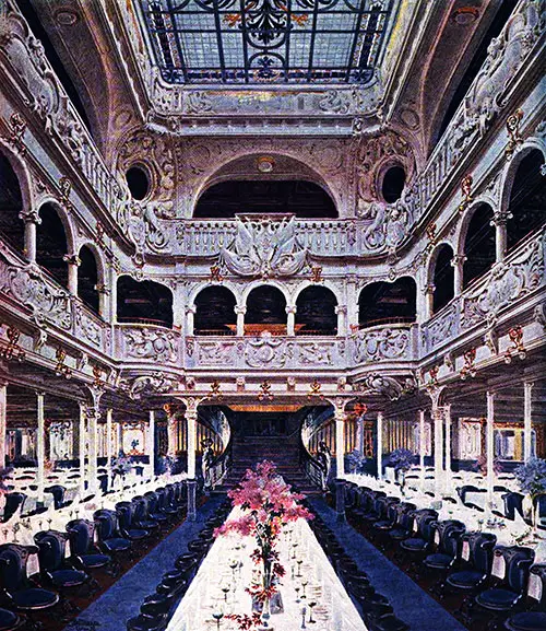 First Class Dining Saloon Showing Old Arrangement of Longitudinal Tables, Now Replaced by Small Round Tables on the Express Steamer SS Kaiser Wilhelm II.