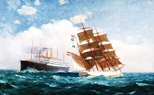 The SS Kaiserin Auguste Victoria shown with a Clipper Ship for Size Comparison.