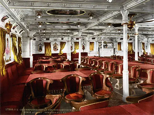 First Class Dining Saloon on the SS König Albert, c1900.