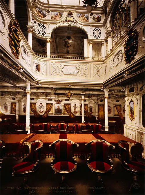 View of First and Second Level of First Class Dining Saloon on the SS König Albert, c1905.