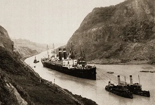 SS Kroonland in the Culebra Cut of the Panama Canal, Passing Cucaracha Slide on 1 February 1915, on Her South American Cruise.