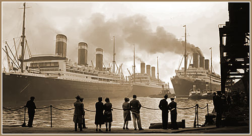 Three Former Imperator Class Liners from Left to Right: SS Leviathan (Former SS Vaterland), RMS Majestic (Former SS Bismarck), and RMS Berengaria (Former SS Imperator).