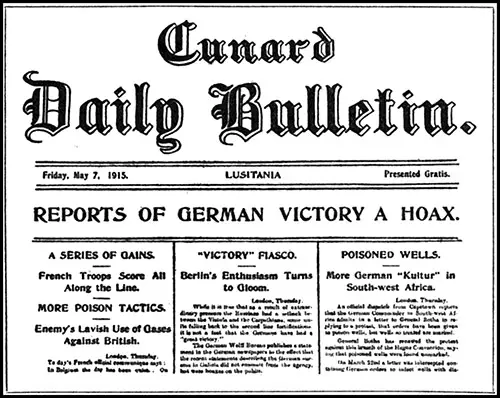 Lusitania's Last Cunard Daily Bulletin, Lusitania Edition, from Friday, 7 May 1915.