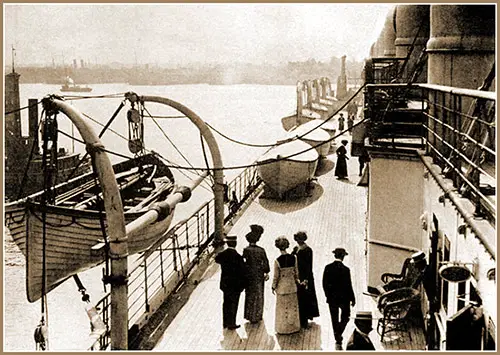 First Class Passengers Walking on the Boat Deck of the RMS Lusitania, ca 1915.