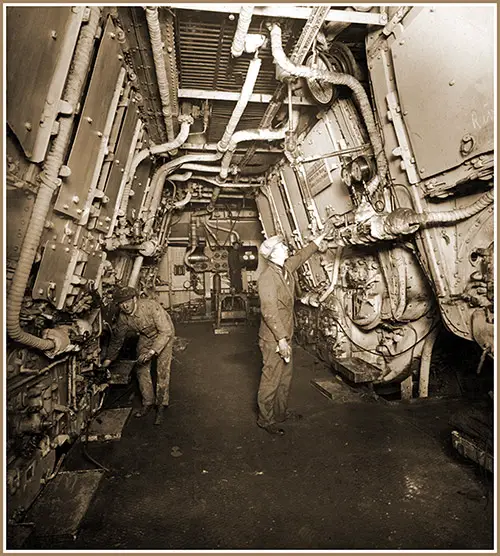 Men Working in the Boiler Room After the RMS Mauretania Conversion to an Oil Burner in 1921.