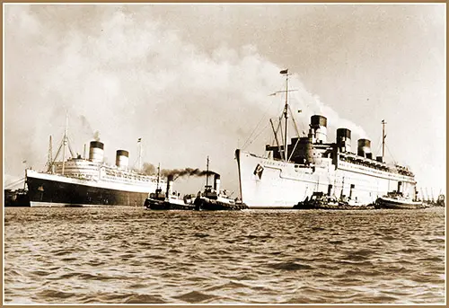 View of the RMS Queen Elizabeth on the left and the RMS Queen Mary on the right at Southampton on September 27, 1946.