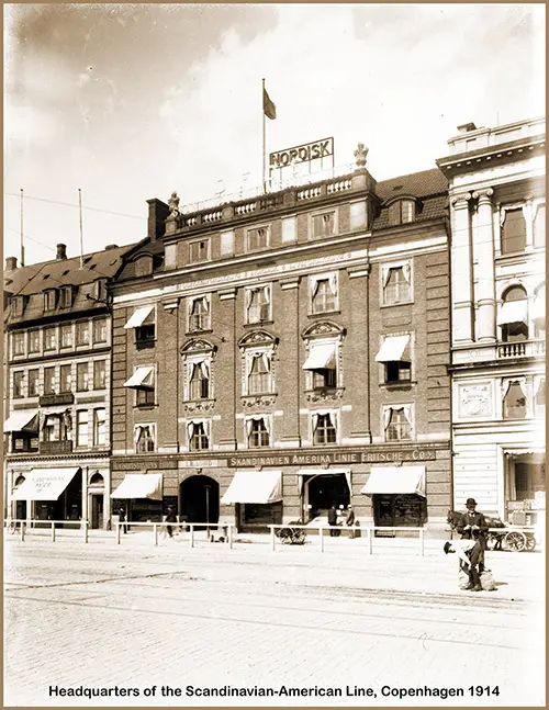 Headquarters of the Scandinavian-American Line at Kongens Nytorv 14 in Copenhagen, Denmark, 1914.