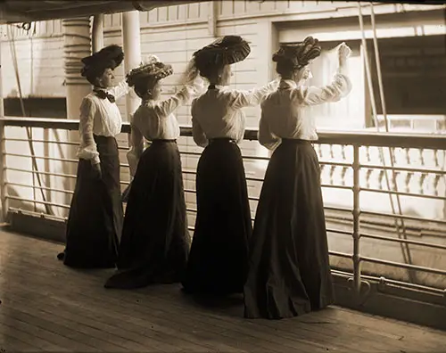 Four Women Waving from the Deck of the SS St. Paul of the American Line ca. 1900.