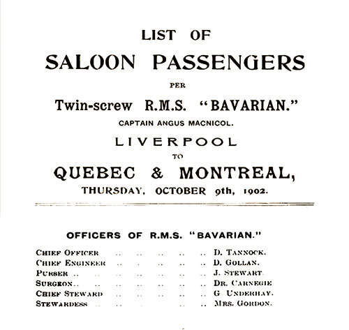 Listing of Senior Officers and Staff, RMS Bavarian Saloon Passenger List, 9 October 1902.