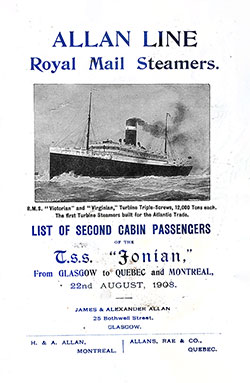 Front Cover, Second Class Passenger List from the TSS Ionian of the Allan Line, Departing 22 August 1908 from Glasgow to Québec and Montréal.