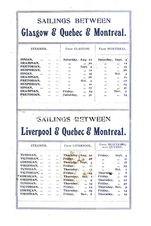 Sailing Schedule, Glasgow-Québec-Montréal and Liverpool-Québec-Montréal, from 20 August 1908 to 19 November 1908.