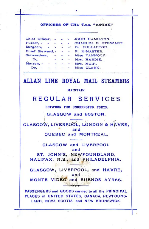 Senior Officers and Staff and Allan Line Regular Services. TSS Ionian Second Class Passenger List, 22 August 1908.