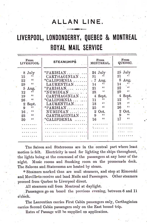 Sailing Schedule, Liverpool-Londonderry-Québec-Montréal, from 8 July 1897 to 17 October 1897.