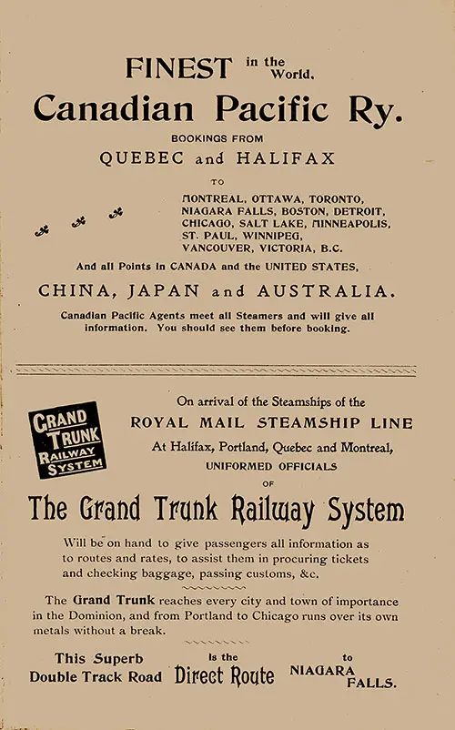 Advertisement: Canadian Pacific Railway and The Grand Trunk Railway System.
