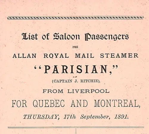Title Page, Saloon Passenger List, RMS Parisian, 17 September 1891.