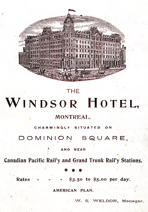 Advertisement: Windsor Hotel, Montreal, SS Parisian Saloon Passenger List, 18 November 1897.