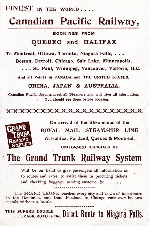 Advertisement, Canadian Pacific Railway and Grand Trunk Railway System, SS Parisian Saloon Passenger List, 18 November 1897.