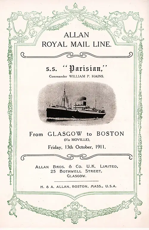 Title Page, Cabin Passenger List, RMS Parisian, 13 October 1911.