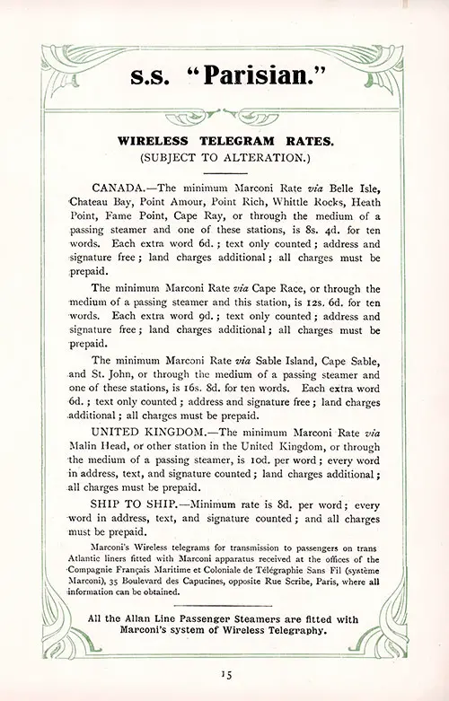 Wireless Telegraph Rates, RMS Parisian Cabin Passenger List, 13 October 1911.
