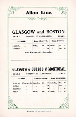 Sailing Schedule, Glasgow-Boston and Glasgow-Quebec-Montreal, from 13 October 1911 to 17 November 1911.