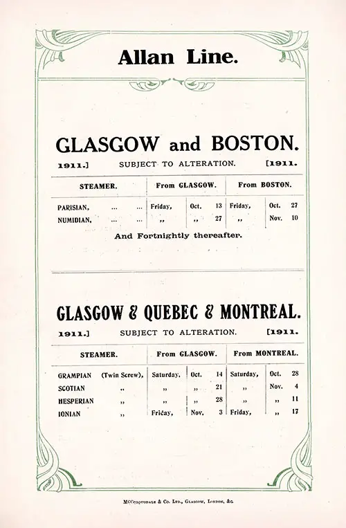 Sailing Schedule, Glasgow-Boston and Glasgow-Quebec-Montreal, from 13 October 1911 to 17 November 1911.