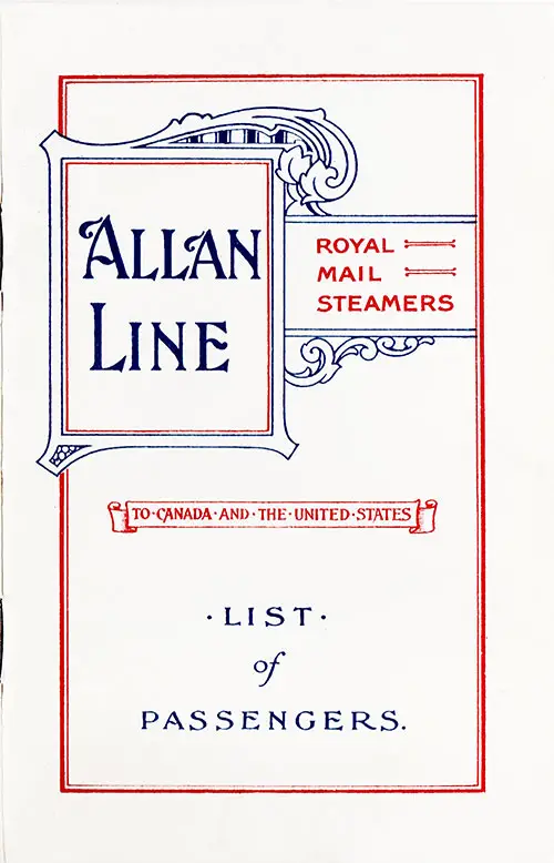 Front Cover of a Cabin Passenger List from the RMS Parisian of the Allan Line, Departing Saturday, 6 April 1912 from Glasgow to Halifax and Boston.