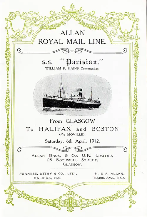 Title Page, Cabin Passenger List, RMS Parisian, 6 April 1912.