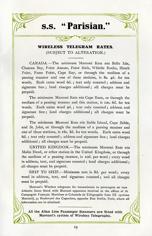 Wireless Telegram Rates, RMS Parisian Cabin Passenger List from 6 April 1912.
