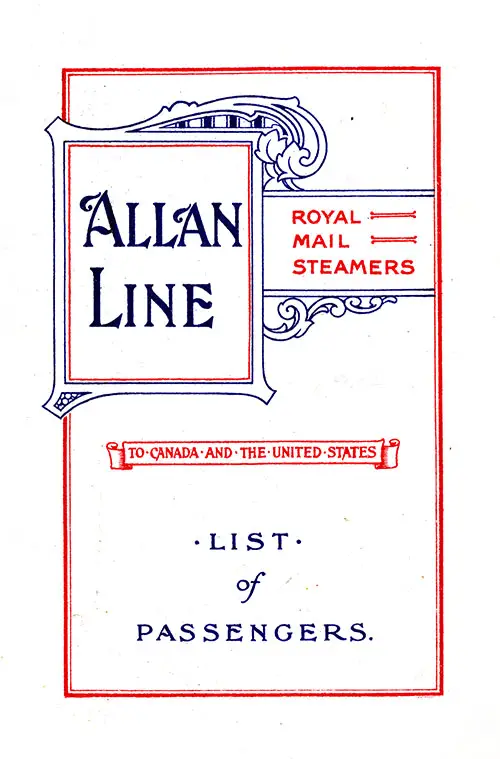 Front Cover, Cabin Passenger List for the RMS Pretorian of the Allan Line, Departing Saturday, 7 September 1912 from Glasgow to Québec and Montréal.