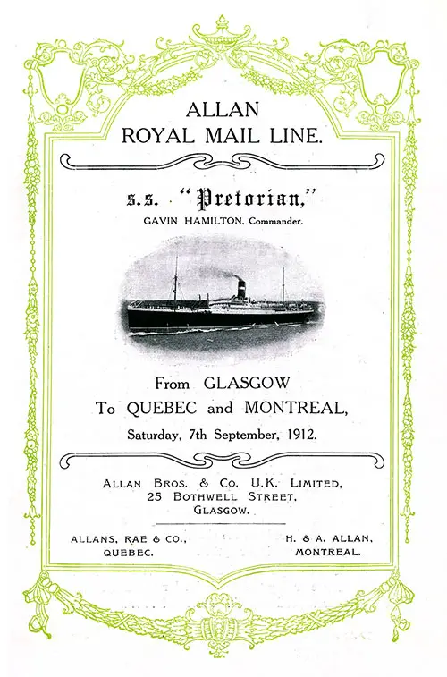 Title Page, SS Pretorian Cabin Passenger List, 7 September 1912.