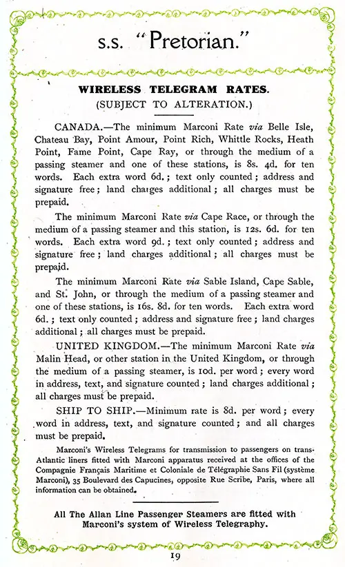 Wireless Telegram Rates, SS Pretorian Cabin Passenger List, 7 September 1912.